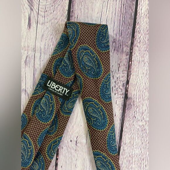 Liberty of London Blue Gold Paisley on Red Gold Silk Necktie Formal Wedding - Picture 5 of 6